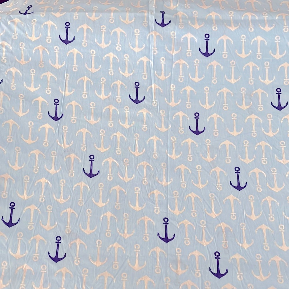 Anchor print cotton fabric, blue & white, nautical, 3.5+ yards long by 40” wide